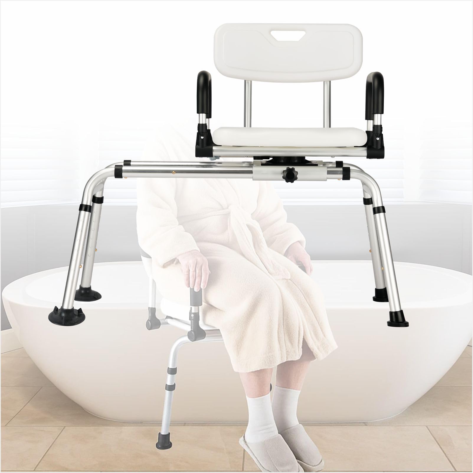 Silla de ducha deslizante con asiento giratorio, banco de transferencia de bañera para ancianos, discapacitados y discapacitados, asiento giratorio de 360°, altura ajustable de 14 a 19 pulgadas