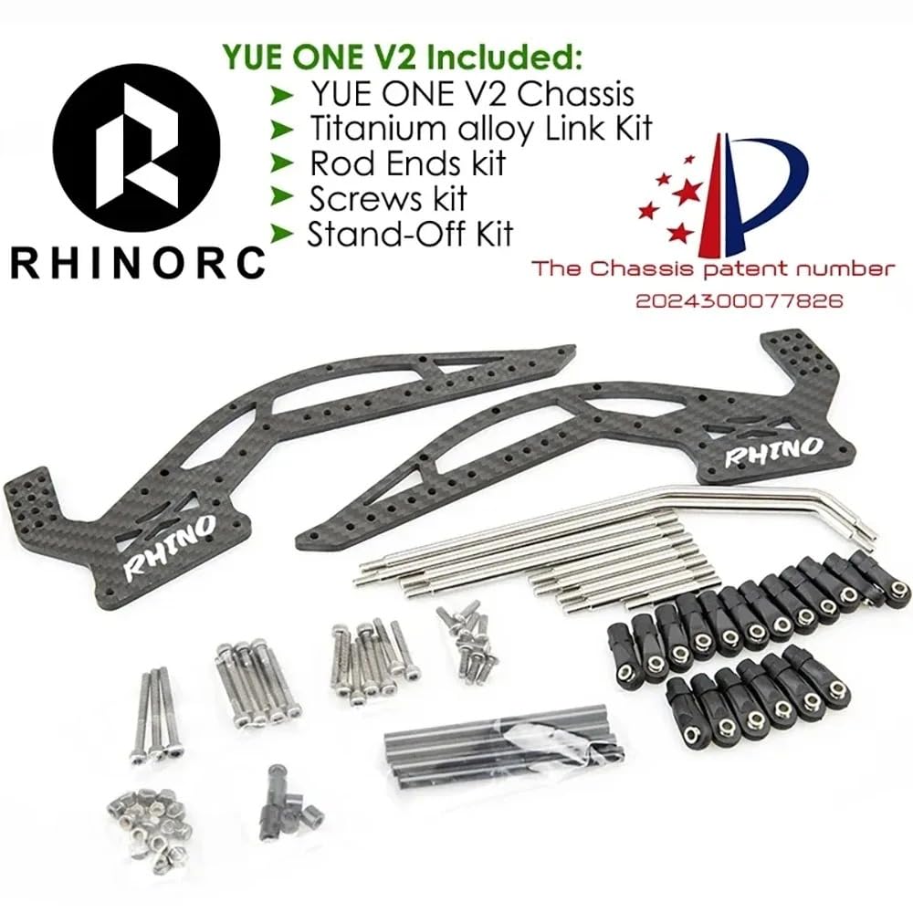 Diagram showing the included components of the YUE ONE V2 kit: YUE ONE V2 Chassis, Titanium alloy Link Kit, Rod Ends kit, Screws kit, and Stand-Off Kit.