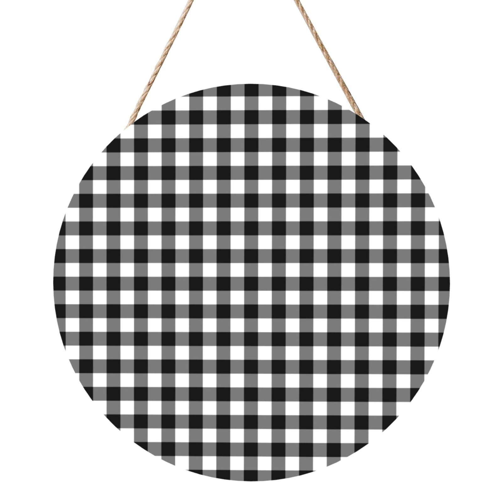 InOmak Plaid Black White, Round Wood Panel Painting 12 in, Wall Hanging Painting For Home