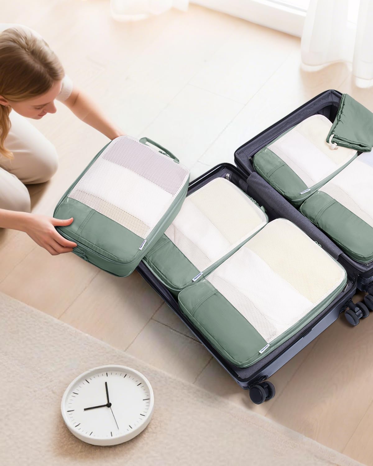 Narwey Set di 6 cubi a compressione per valigie, organizer per valigie, borse organizer per zaini, borse da viaggio, cubi per bagaglio a mano, casa, scarpe, borse essenziali da viaggio (verde)