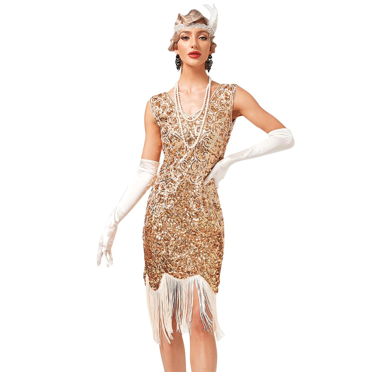 IDOPIP Women's Flapper Dresses 1920s Gatsby Sequin Fringed Tassels Dress 20s Roaring Party Wedding Cocktail Evening Gown