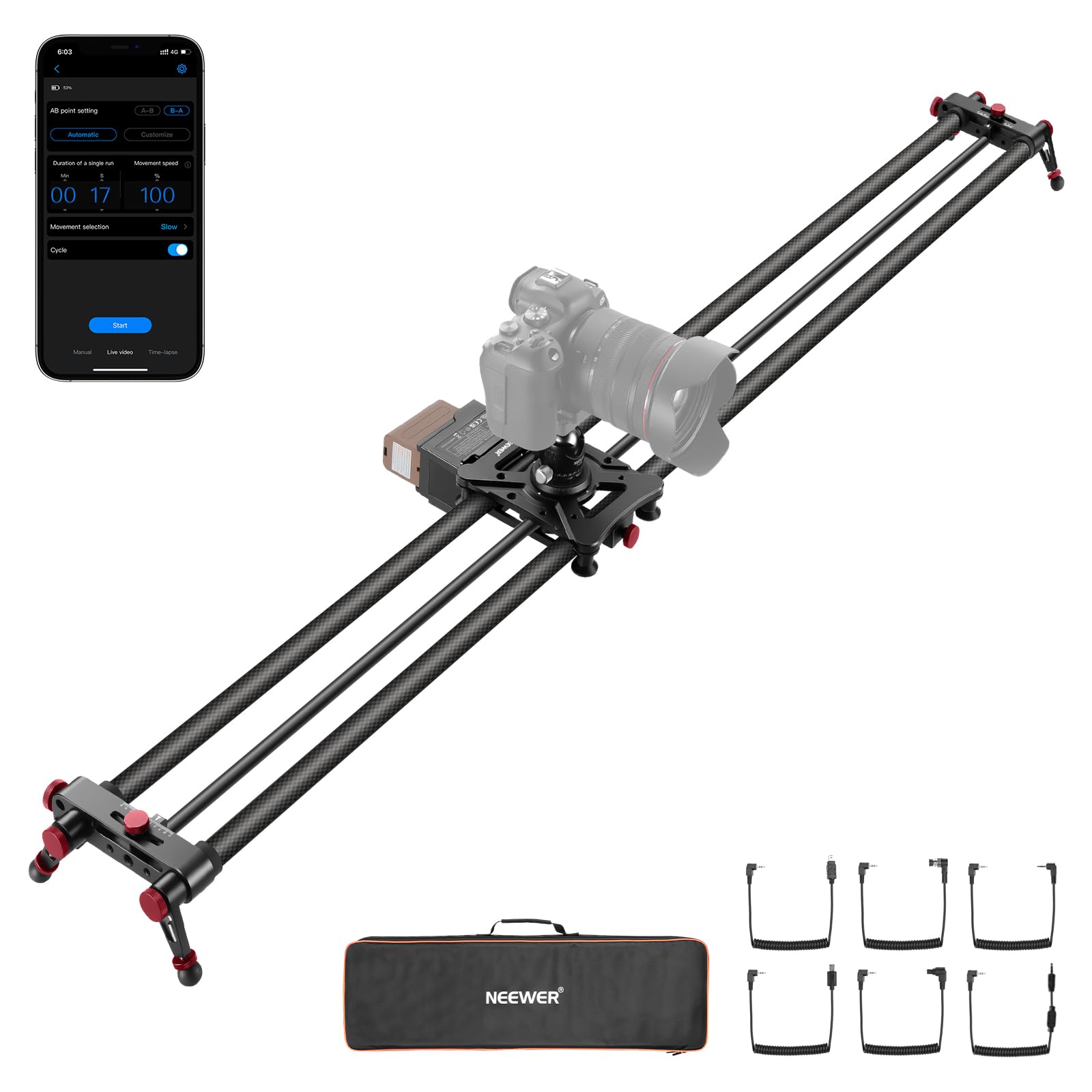 Slider Motorizzato Per Fotocamera NEEWER 80 Cm In Fibra Di Carbonio Con Telecomando – Time-lapse E Video A Velocità Costante
