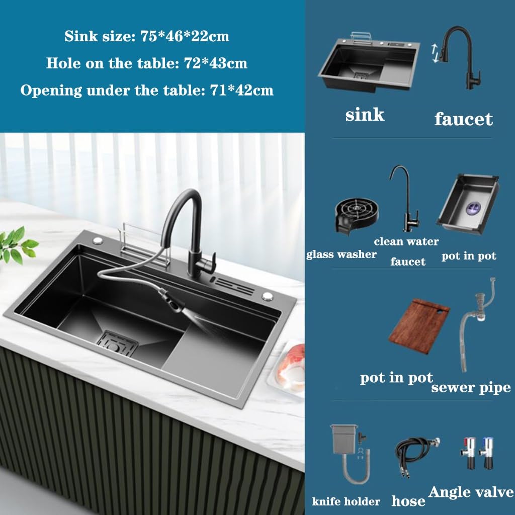 Ciotola Singola Preparare Il Lavello Lavabo per Piatti a Risparmio Idrico Cucina Bar Lavello a sifone Ristorante Dispensa Lavello Lavandino per Lavare Le Mani (Colore : Nero, Dimensioni : 80