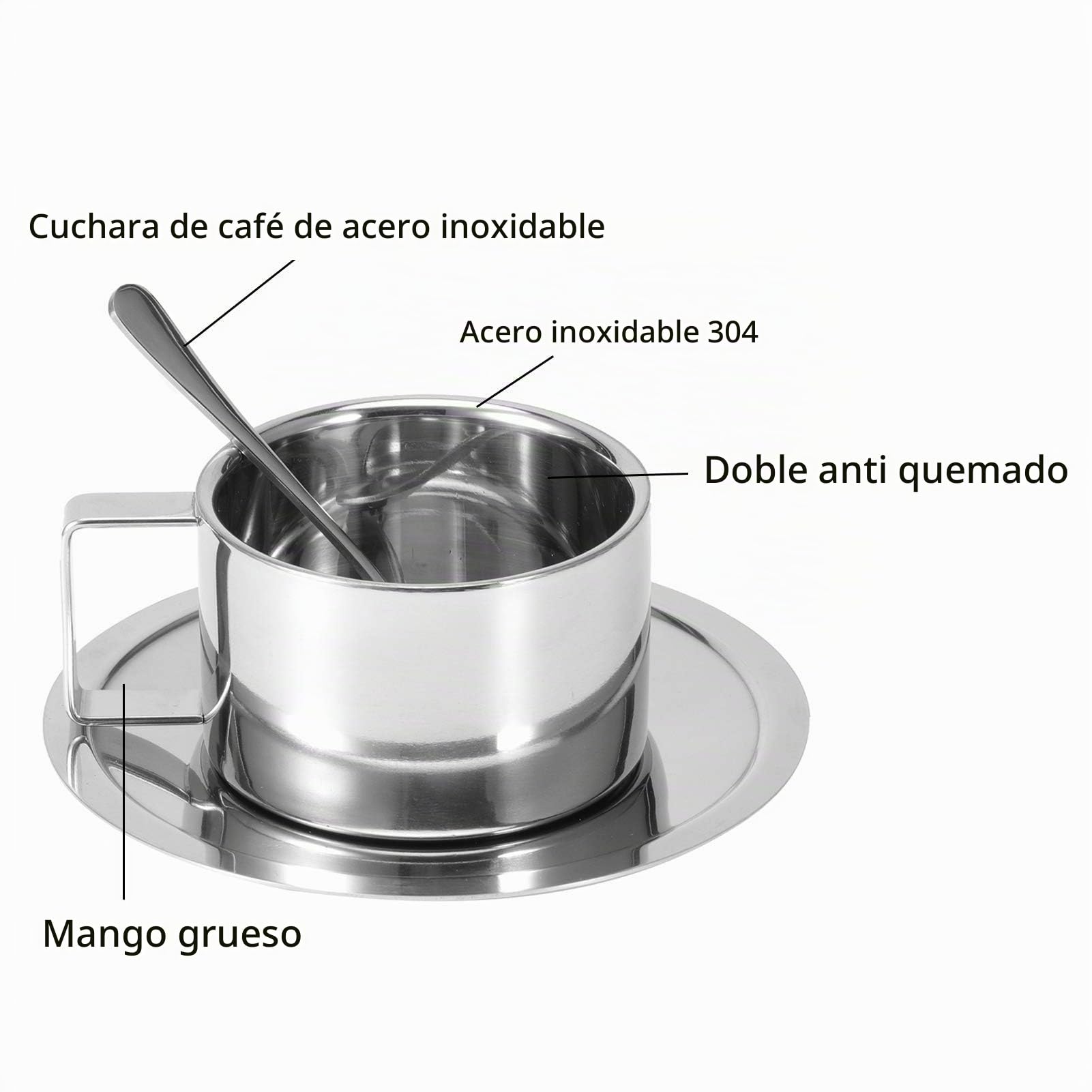 Juego de Tazas de Café Acero Inoxidable, 3 Piezas/Juego Tazas Café Espresso Aisladas, Taza Doble Pared con Asa Té Leche con Platillo Cuchara para Cafés Latte Té Leche (4 Juego)