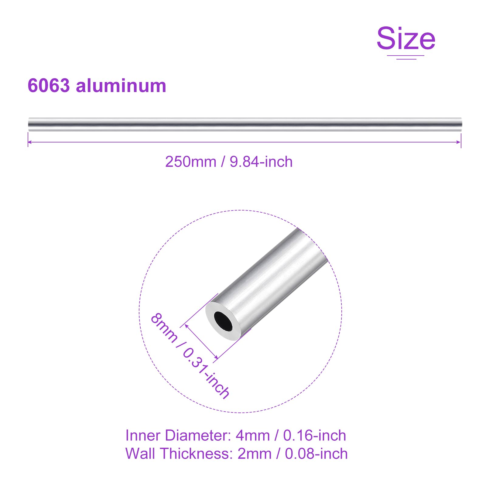 DMiotech 3pz (8mm OD X 4mm ID) Tubo Tondo In Alluminio 6063 Lunghezza