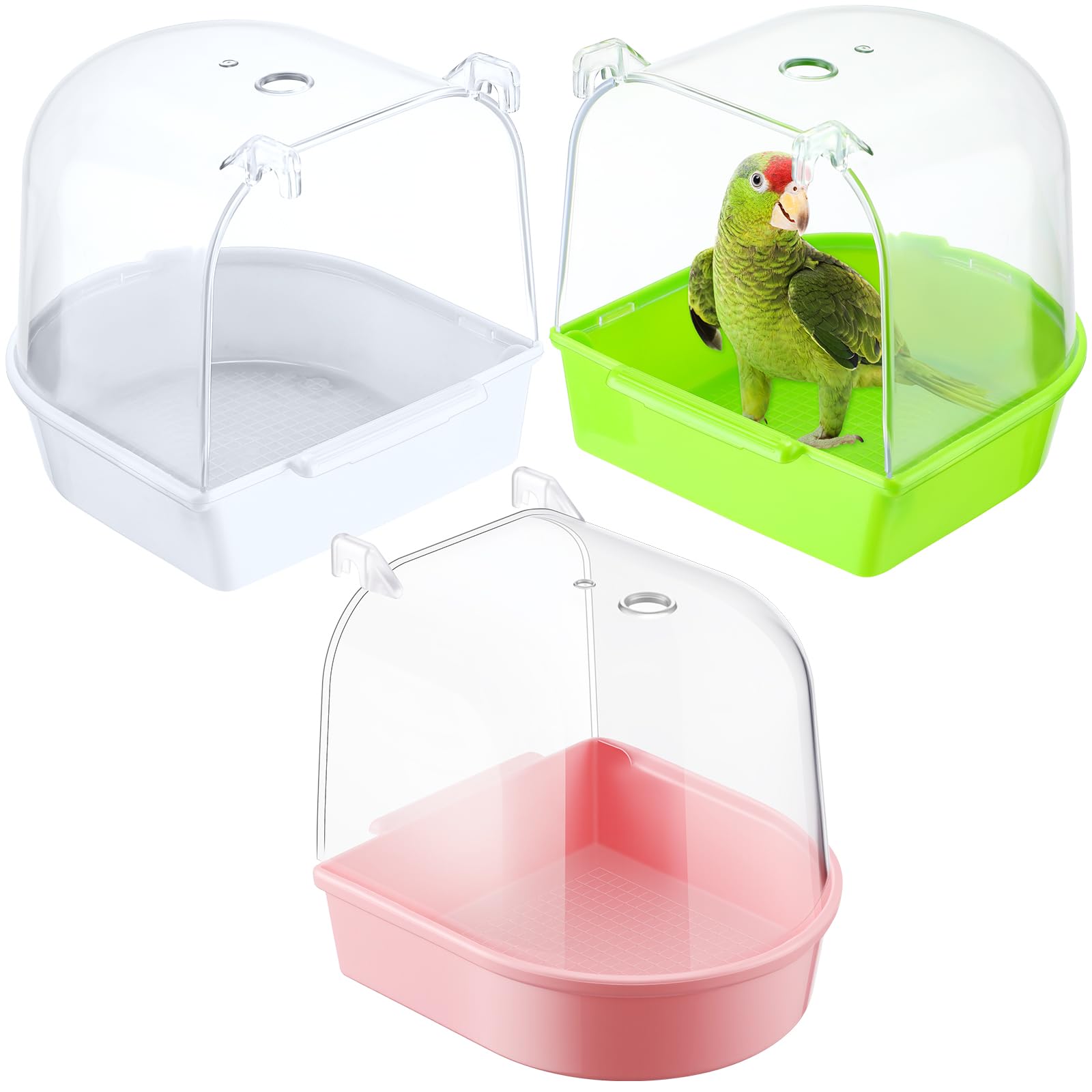 Honeydak 3 Pieces Clear Bird Bath for Cage Parakeet Bird Cage Accessories Hanging Bath Box Parrot Bathing Tub with View for Cockatiel Conure Canary Budgies Parrots (Fresh Color)