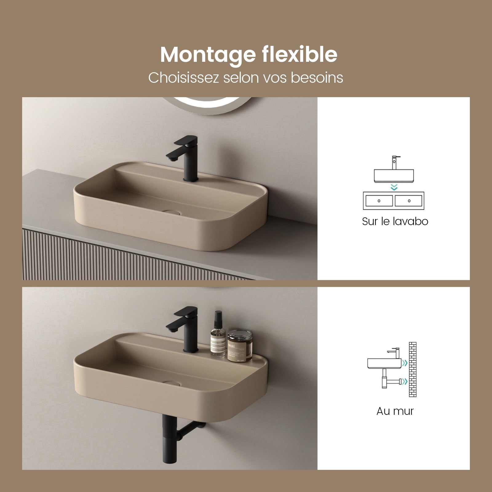 EMKE Vasque à Poser Design 60 x 40 cm, Beige Mat | Lavabo de Salle de Bain Rectangulaire en Céramique Artisanale, Cuve de Élégante et Intemporelle (Sans Robinet ni Bonde)