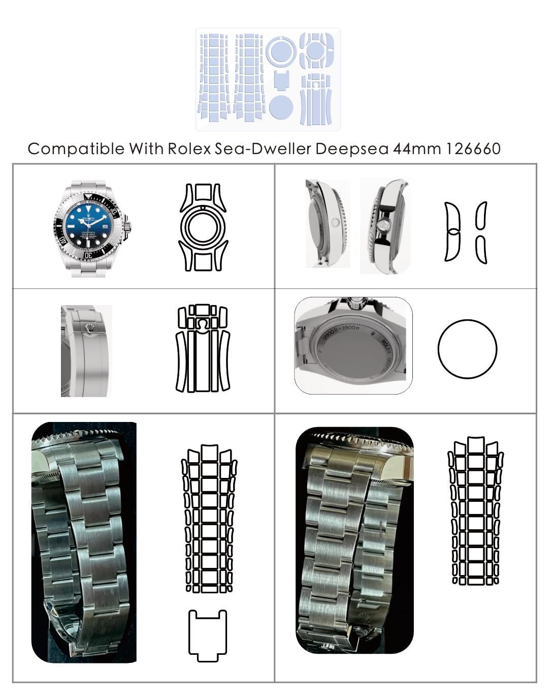 Pellicola protettiva per Rolex Sea-Dweller Deepsea 44 mm 126660. Pellicola protettiva trasparente per orologio completo (2 pellicole per tutto il corpo)