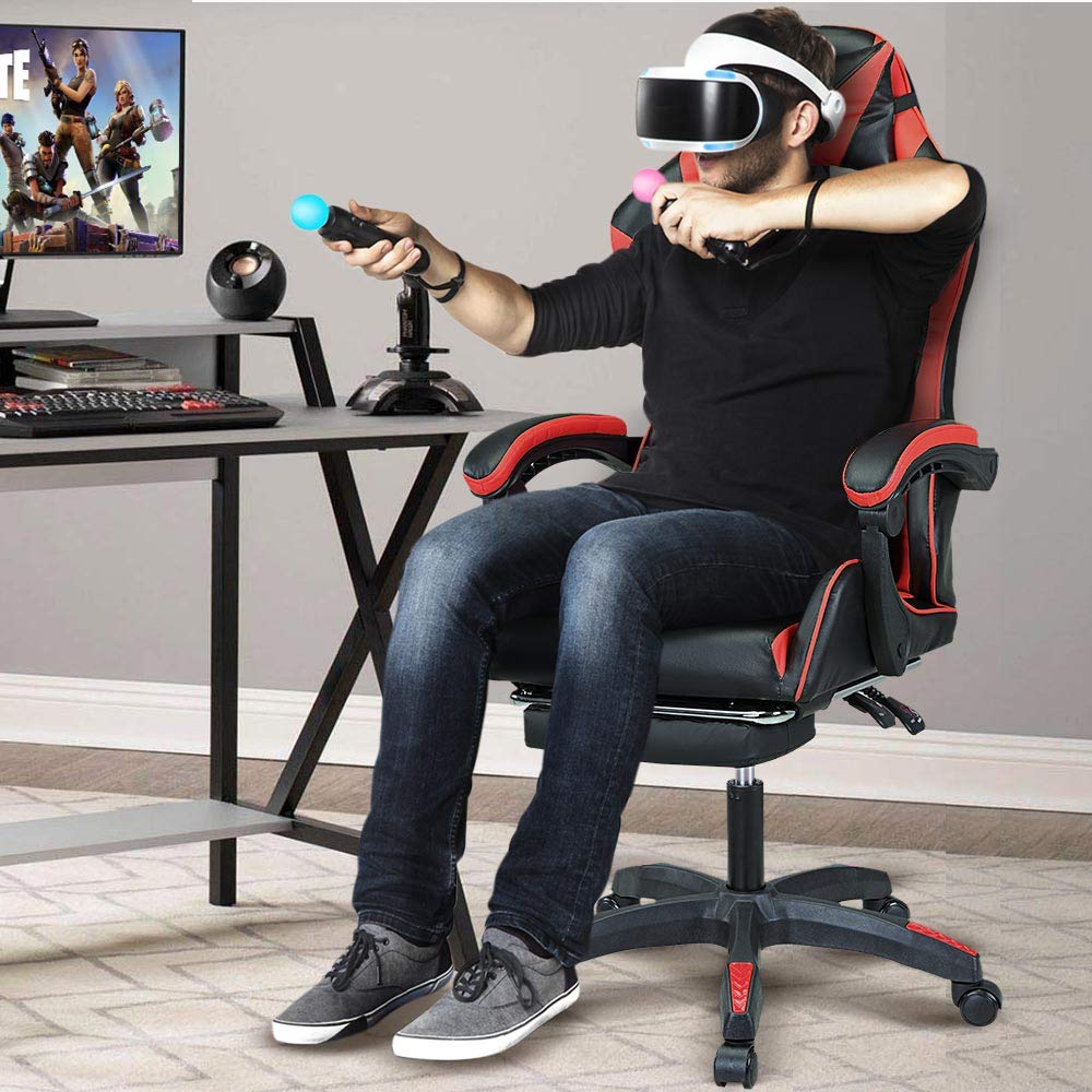 BAKAJI Sedia Poltrona Gaming Scrivana Ufficio Casa in Ecopelle Schienale Reclinabile Cuscino Lombare Poggiatesta Rotazione 360 Gradi Direzionale Altezza Regolabile Base 5 Ruote (Rosso con Poggiapiedi)