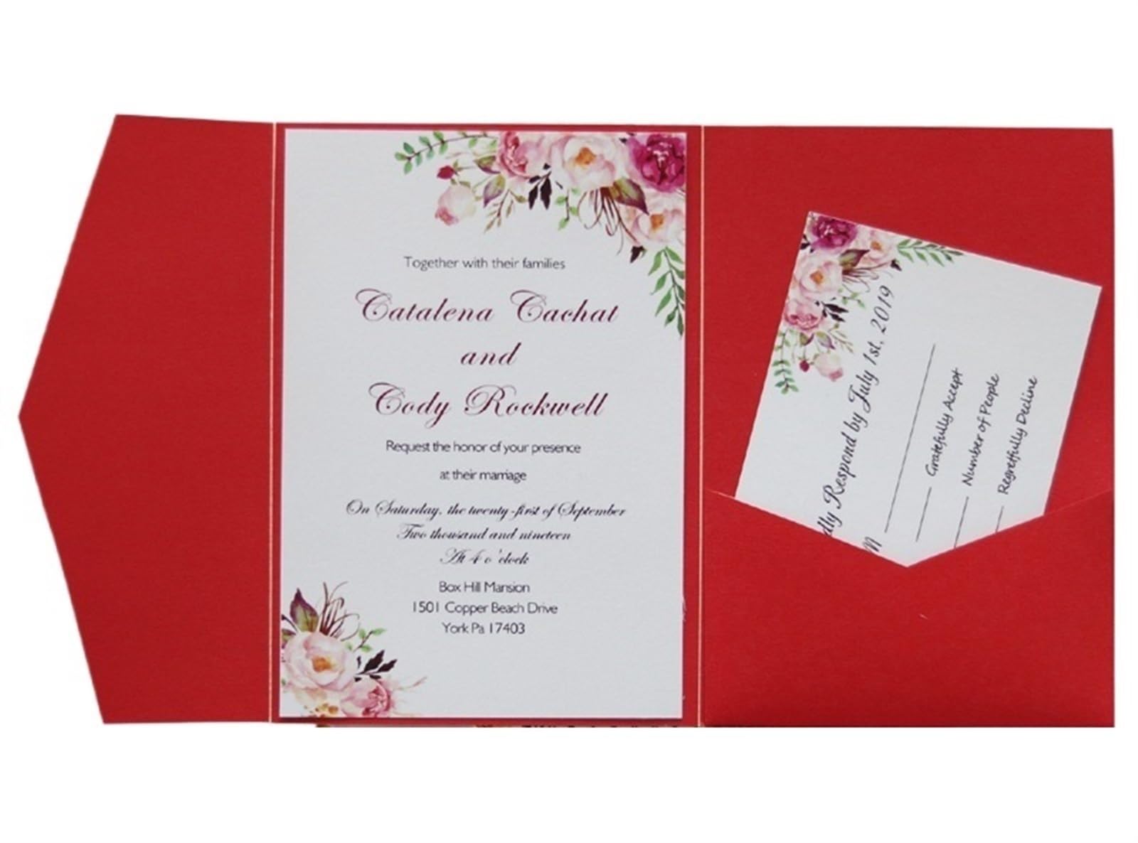 Invitaciones Boda 50 piezas impresas tarjetas de invitación boda rojas matrimonio compromiso bolsillo triple(Red,Bowknot)
