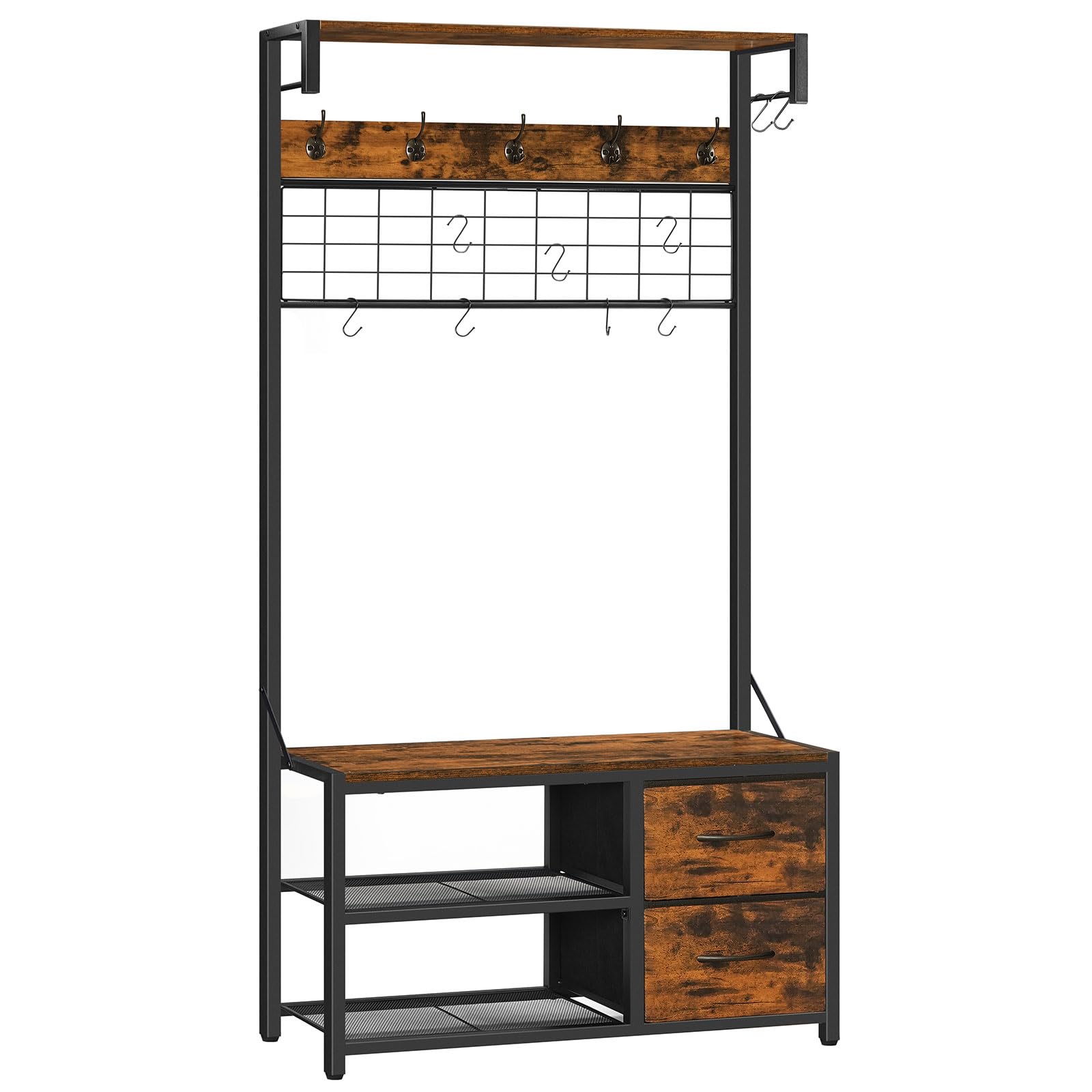 HOOBRO Perchero de Pie, Banqueta de Entrada con Perchero, Perchero de Pie con Asiento y Zapatero, Estantería de Recibidor con Ganchos y Cajones, para Entradas, Vintage Marrón y Negro EBF08MT01