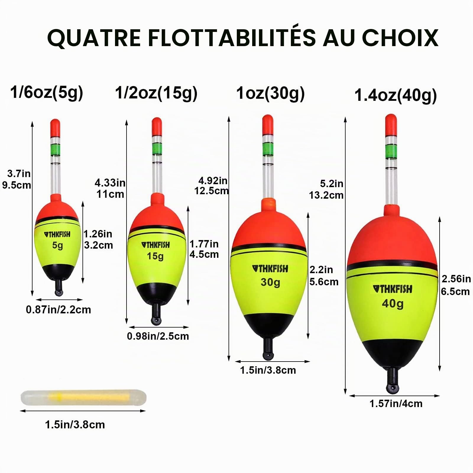 THKFISH Flotteur Peche 5 pièces Flotteurs de pêche légers Flotteurs de pêche avec 10 bâtons Lumineux 5g 15g 30g 40g