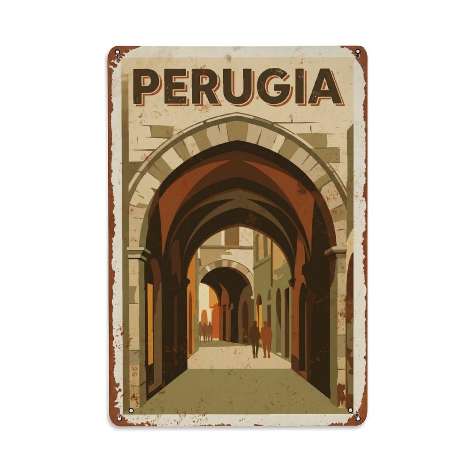 Vintage Travel Perugia Via Delle Volte Arched Street Italy Metal Tin Sign Plaque Wall Decor for Cafe, Club Bar, Office, Home Garden Metal Poster 8x12Inch