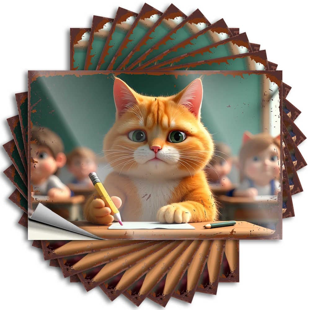 Fun Stuff Tattoo Water | Adorable Ginger Cat in Classroom Setting Optical Illusion Student Sticker Pack(8X12CM)