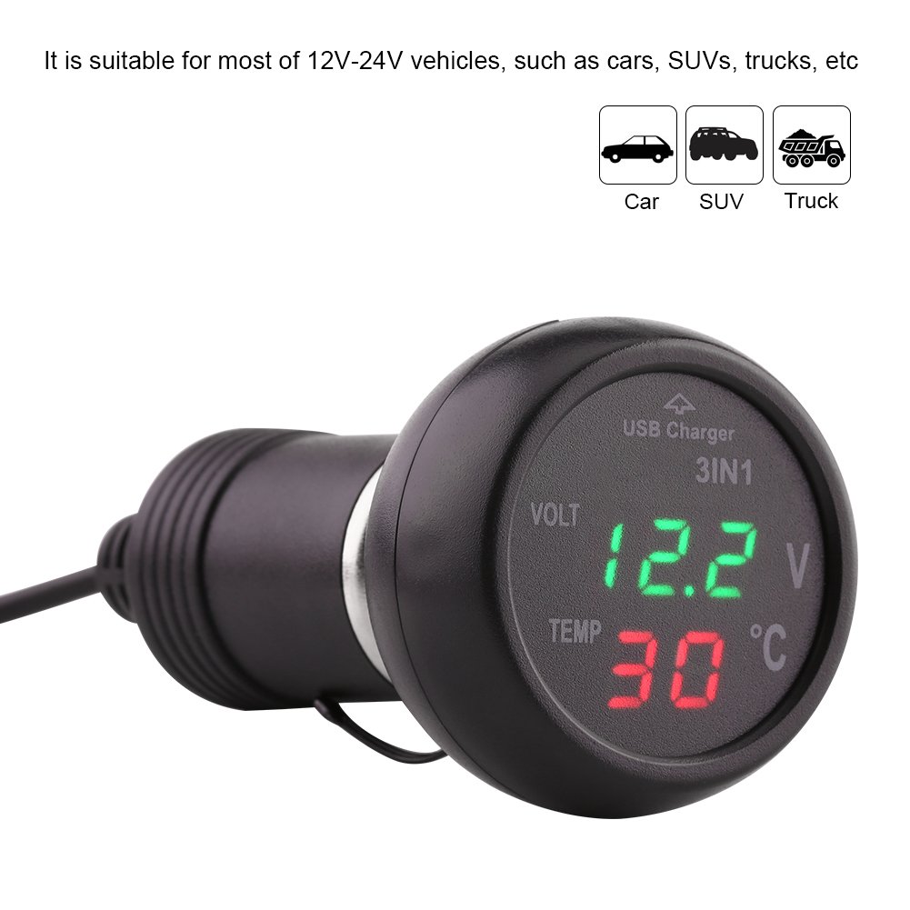 Qii lu Car Truck 3in1 Dual LED Digital Display Voltmetro Termometro per accendisigari Caricatore per auto USB(Blu + Rosso)