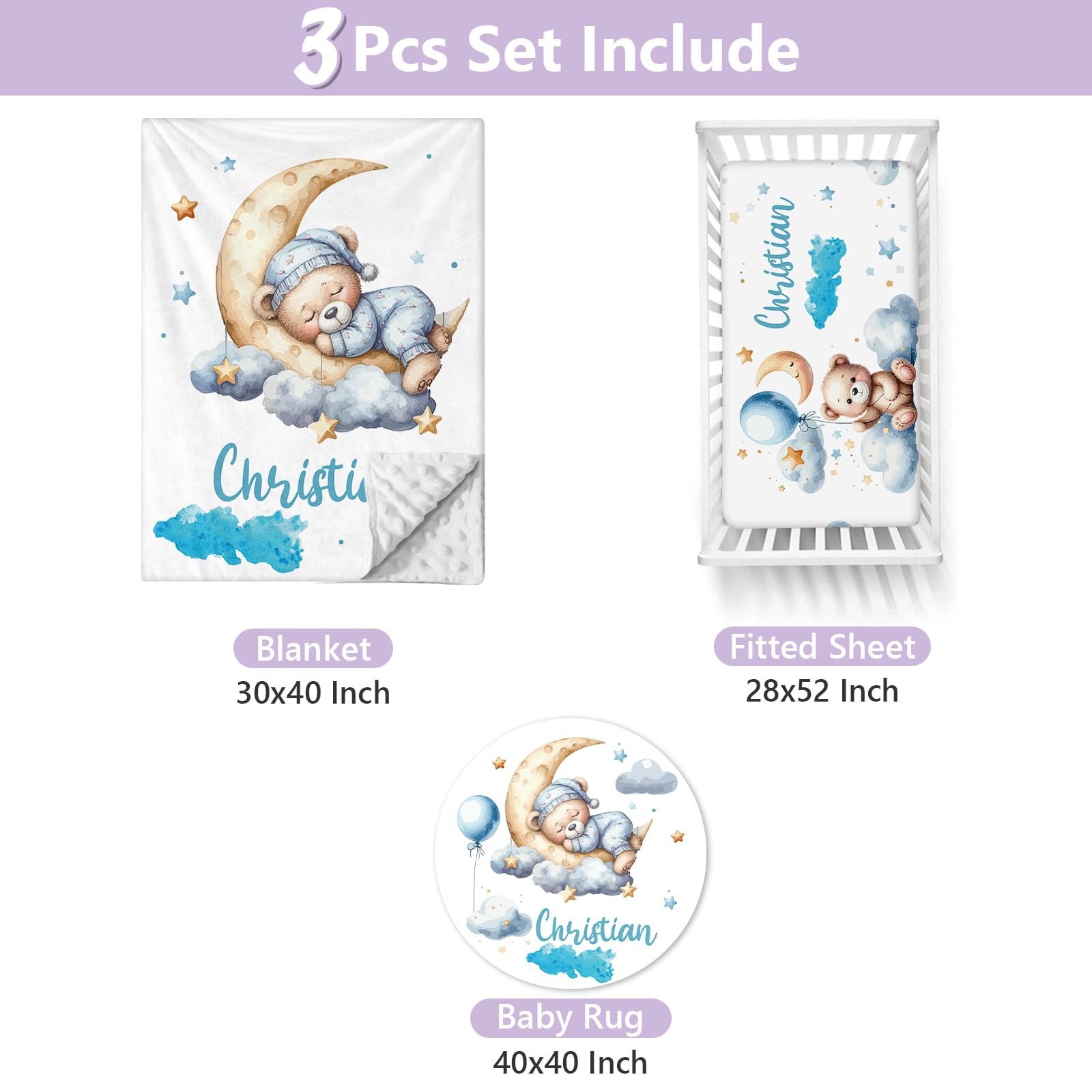 Sunamd Custom Baby Crib Bedding Set, 3 Pcs Personalized Name Baby Crib Sets for Boys & Girls, Blue Moon Bear Theme Nursery Bedding Set, Soft Toddler Bedding Crib Sets Customized Gifts for Infants