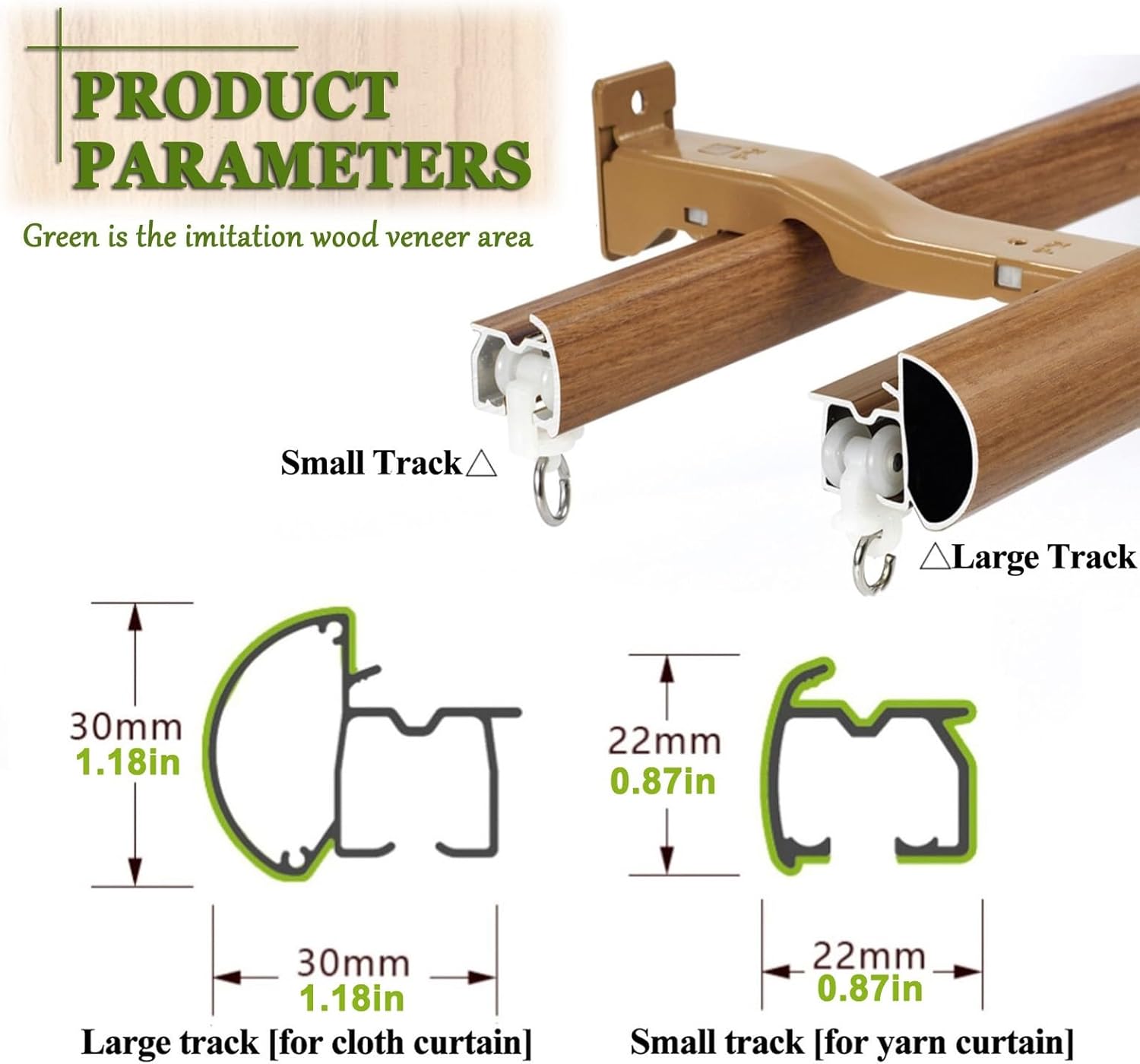 Imitation Wood Grain Double Rail Curtain Track - Wall Mounted Curtain Rod with Decorative Head - 200cm (2 x 100cm) - Stylish Window Treatment for Home Decor (Color: E)