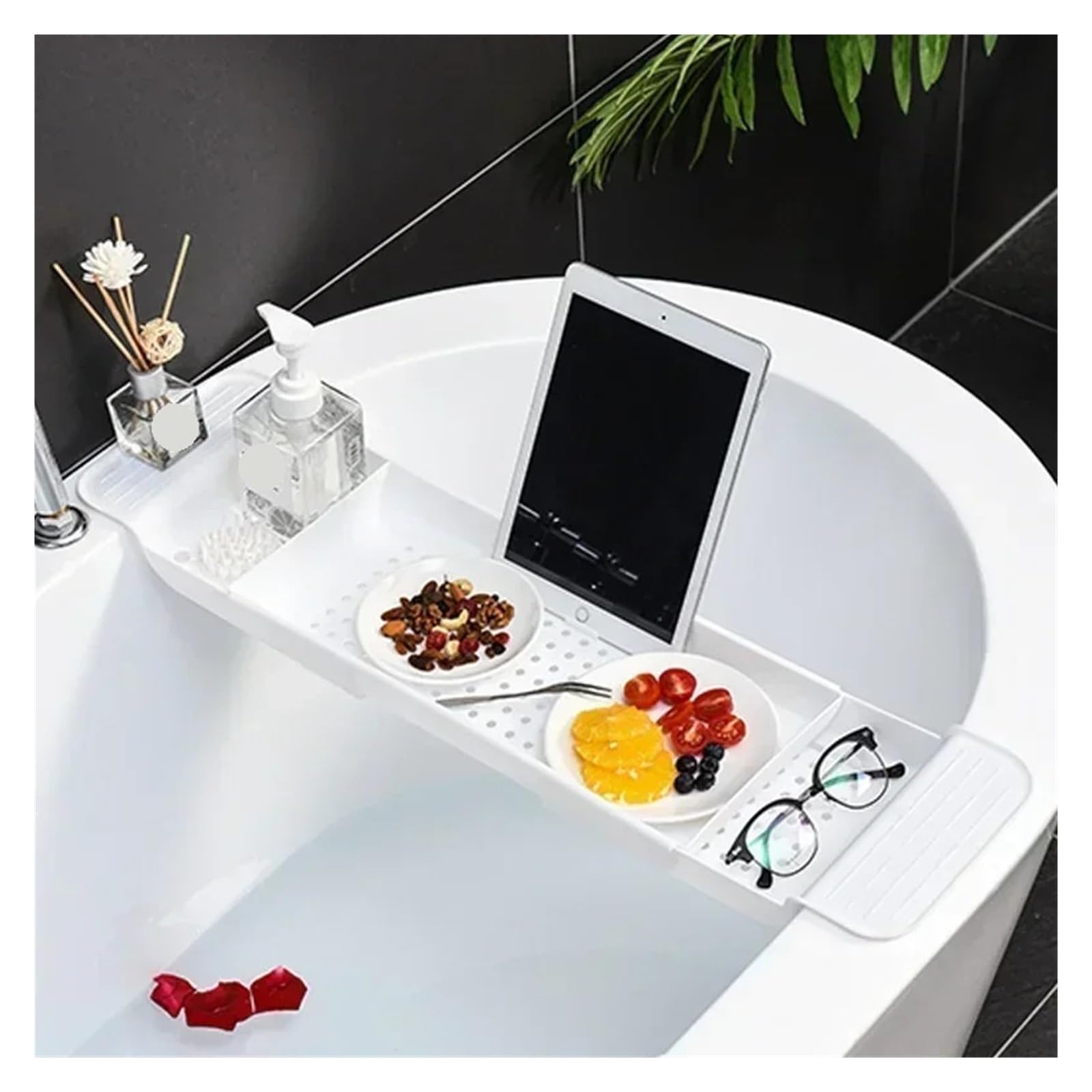 Bandeja extensible de bambú para bañera, estante portátil para baño, soporte para toallas y estante para el hogar, bandeja de ducha negra para relajarse y disfrutar de una experiencia de spa