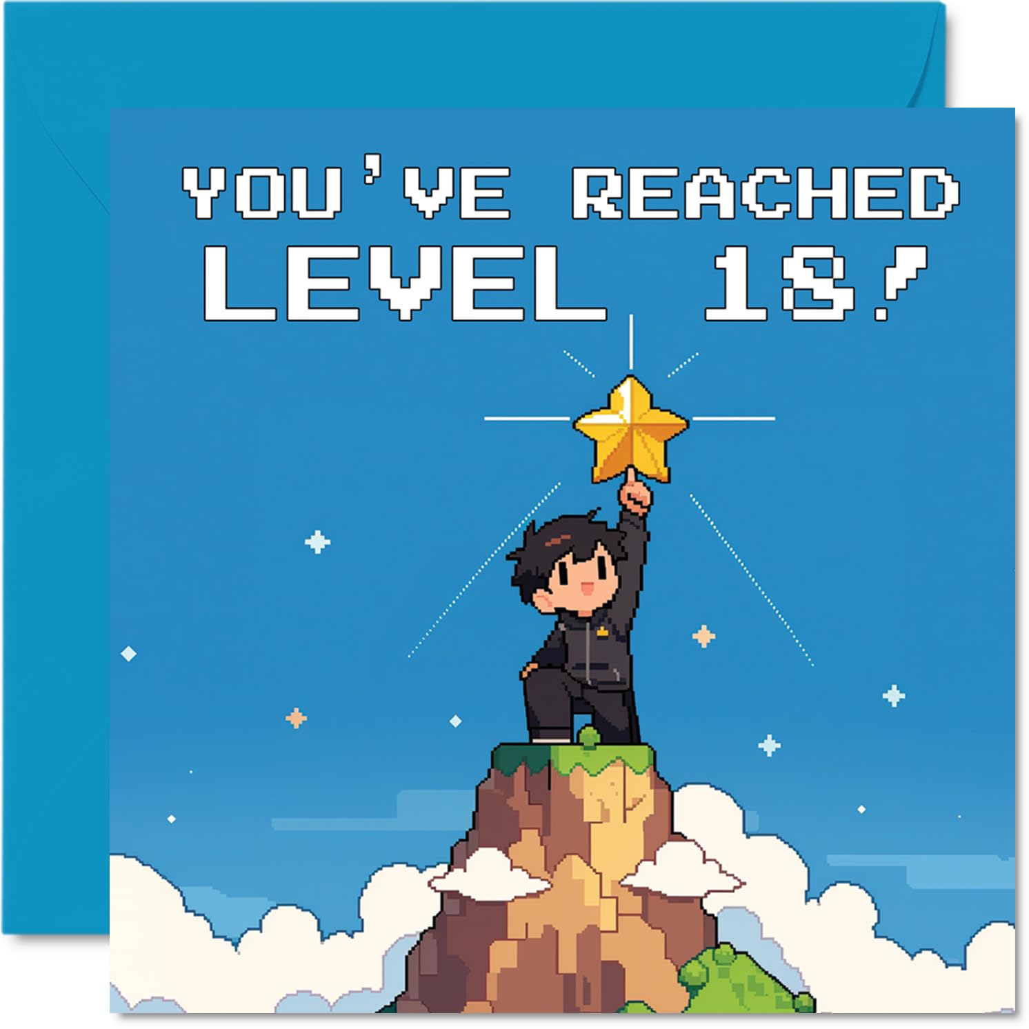 Playful 18th Birthday Card - Level Up Laughs - Retro Pixel Art Gamer Scaling a Mountain for That Golden Star - A Fun Way to Mark a Milestone Year - 145mm Square, Envelope Included