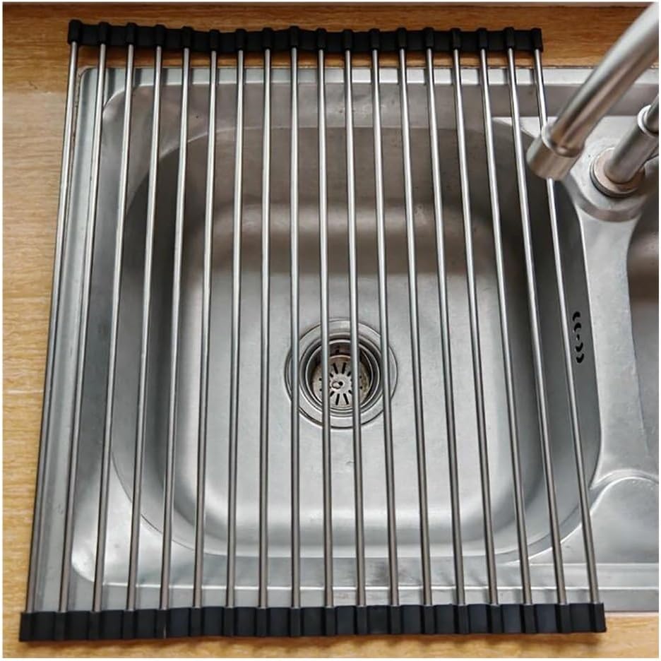 Foldable Roll-Up Dish Drying Rack 37/47 cm for Sink Silicone Drain Mats Included (Black 37x35.5cm/14.6x14.0in) - Space-Saving Kitchen Accessory