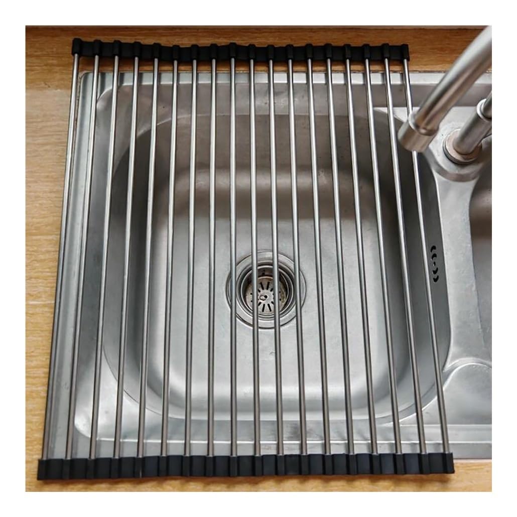 Escurridor de platos enrollable, plegable y multiusos de 37/47 cm de largo para colocar sobre el fregadero, con alfombrillas de drenaje enrollables de acero inoxidable recubiertas de silicona.