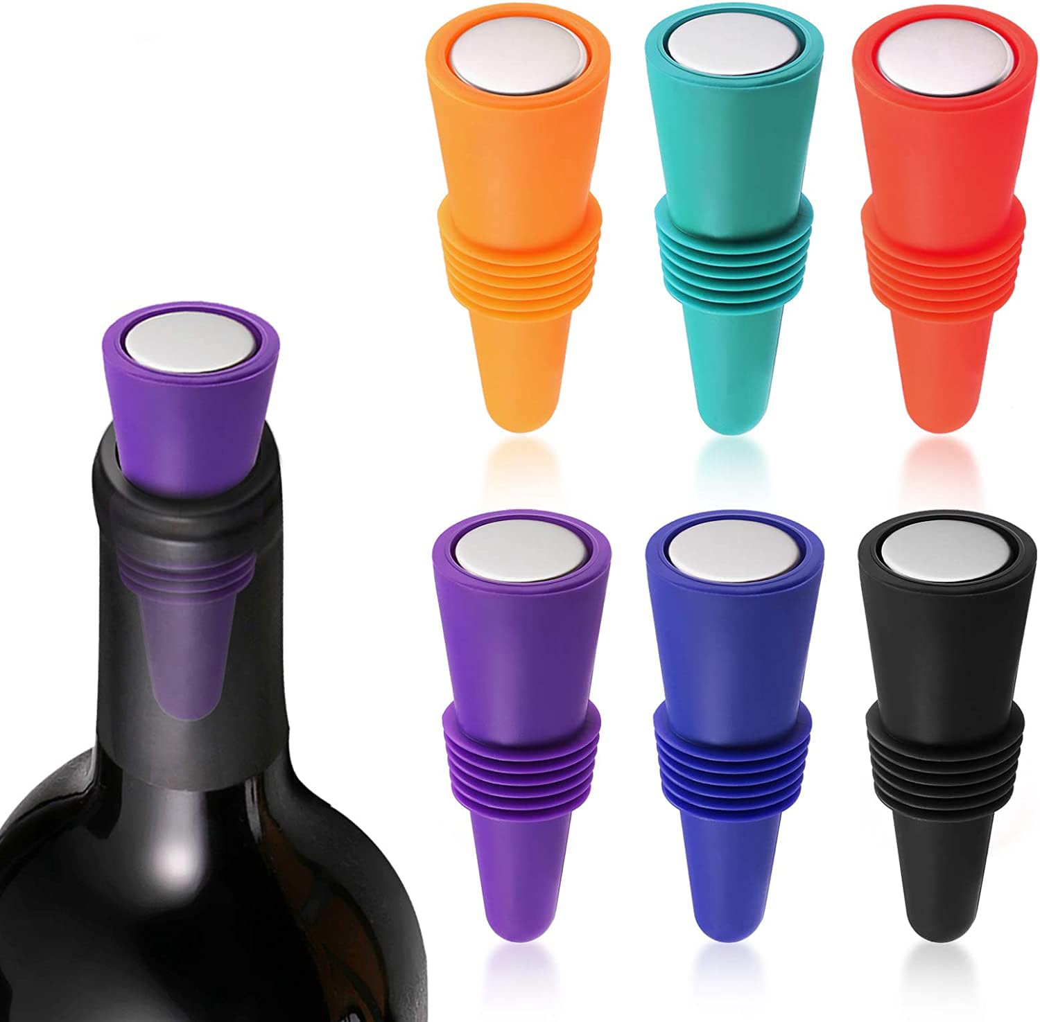 WOODTULA Wine and Beverage Bottle Stoppers - Silicone Plug - Cork to Keep Beverages Fresh - Outlet Cap (6-pcs)