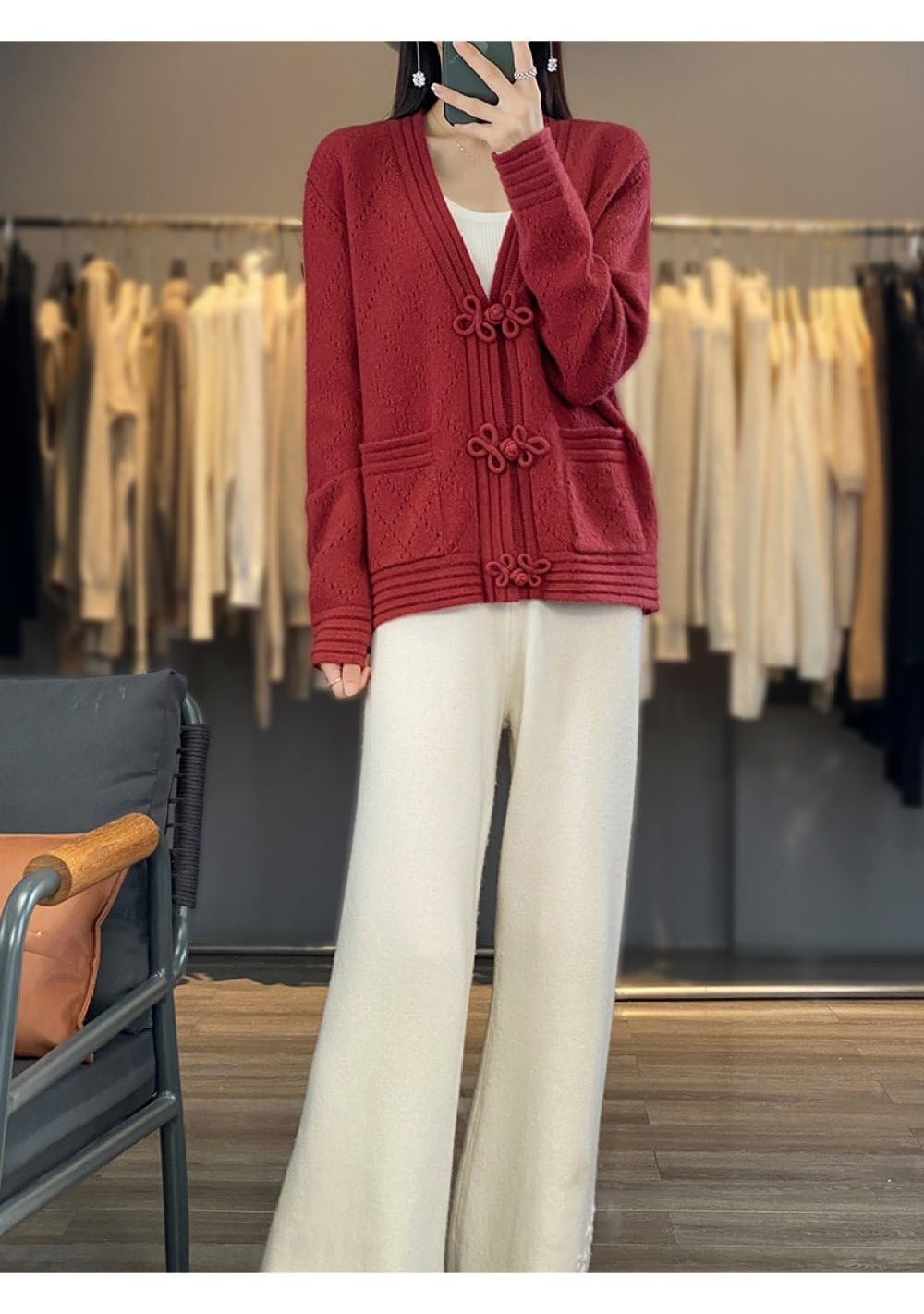 Kardigan Damski Dzianinowy Kardigan Z Guzikami W Stylu Vintage Z Odkrytym Przodem Z Dekoltem W Serek Sweter Damski Płaszcz Jesienno-Zimowy Miękki I Ciepły Sweter Bluzki Do Noszenia Na Co Dzień