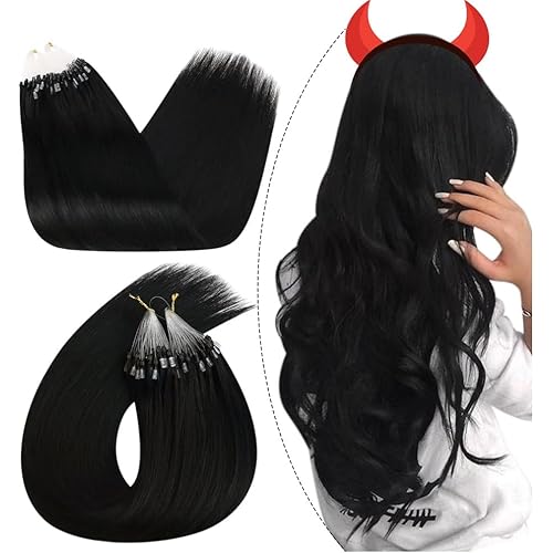 Ugeat Microlink Hair Extensions Human Hair 22 Inch Micro Bead Hair Extensions Real Human hair Black Micro Loop Long Straight Silky Smooth by Cold Fusion Jet Black #1 1g/strand 50s