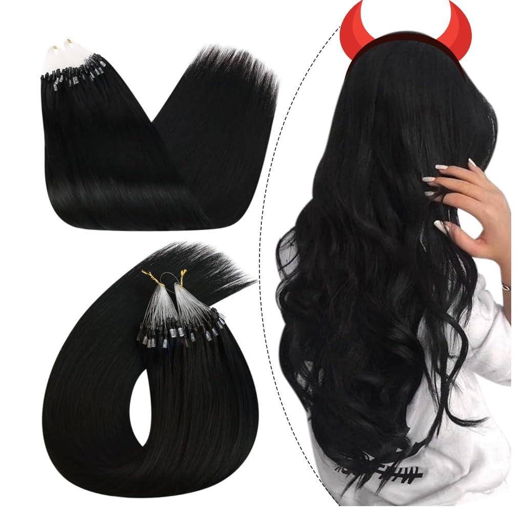 Ugeat Black Microlink Hair Extensions Human Hair Jet Black Micro Bead Hair Extensions Real Human Hair Invisible Micro Loop No Glue Needed by Cold Fusion for Women Long Length 24 Inch 50G 50S