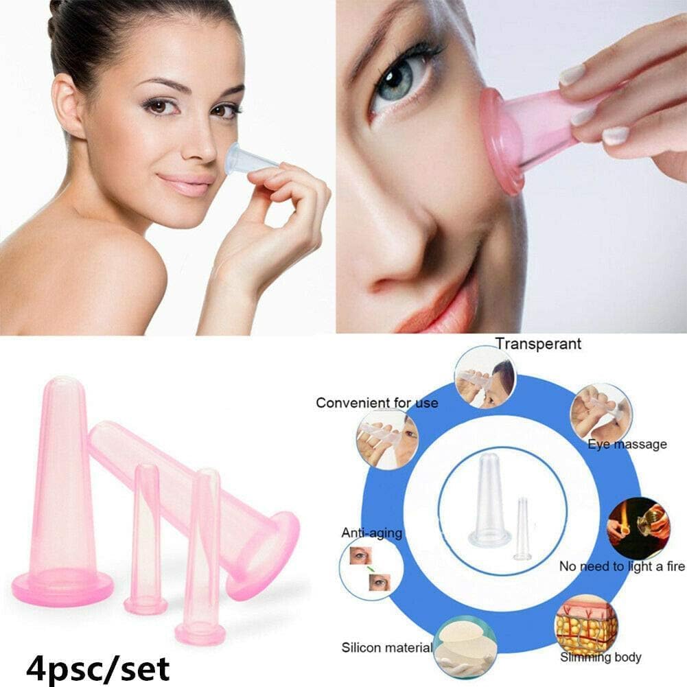 4 Stück Facial Schröpfen Therapie Set Anti Cellulite, Silikon Vakuum Schröpfbecher für Gesicht und Augen Schröpfen Massage Manuelle Rückenmassagegeräte (2 Klein + 2 Groß) (Rosa)