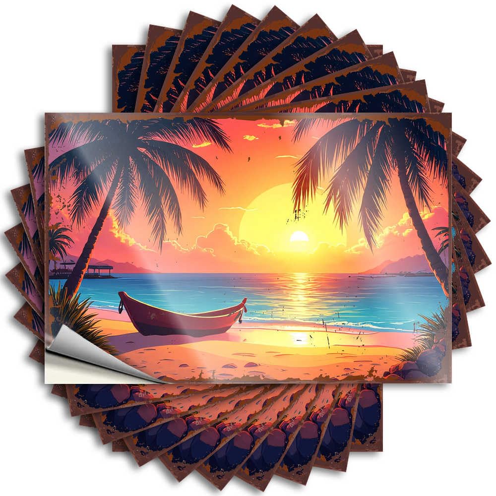 Sunset Serenity: Tropical Beach with Palm Trees and Boat Helmet Smiley Face - Decor for Bedroom Decals Self Adhesive Sticker(6X9CM)
