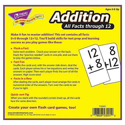 Trend Enterprises: Addition All Facts Through 12 Skill Drill Flash Cards, Great For Skill Building And Test Prep, Self-Checking Design, 169 Cards Included, For Ages 6 And Up #TOP4