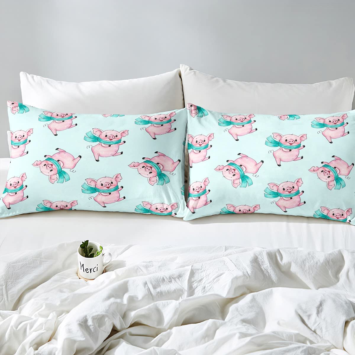 Loussiesd Juego de ropa de cama con diseño de cerdito de cerdo, para niños y niñas, ligera, de caricaturas, cerdo rosa, tamaño individual