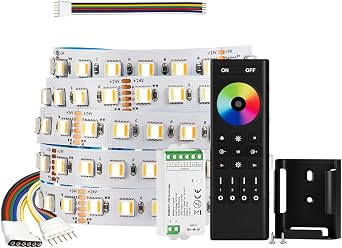 BTF-LIGHTING RGBCCT 5 Colors in 1 LED 5050SMD RGBWW RGB+Dimmable Color 2700K-6500K 16.4ft 96LEDs/m LED Lights IP30 DC24V, 4 Zones RF 2.4GHz Wireless Remote RC03RFB & C05RF Controller Kit NO Adapter