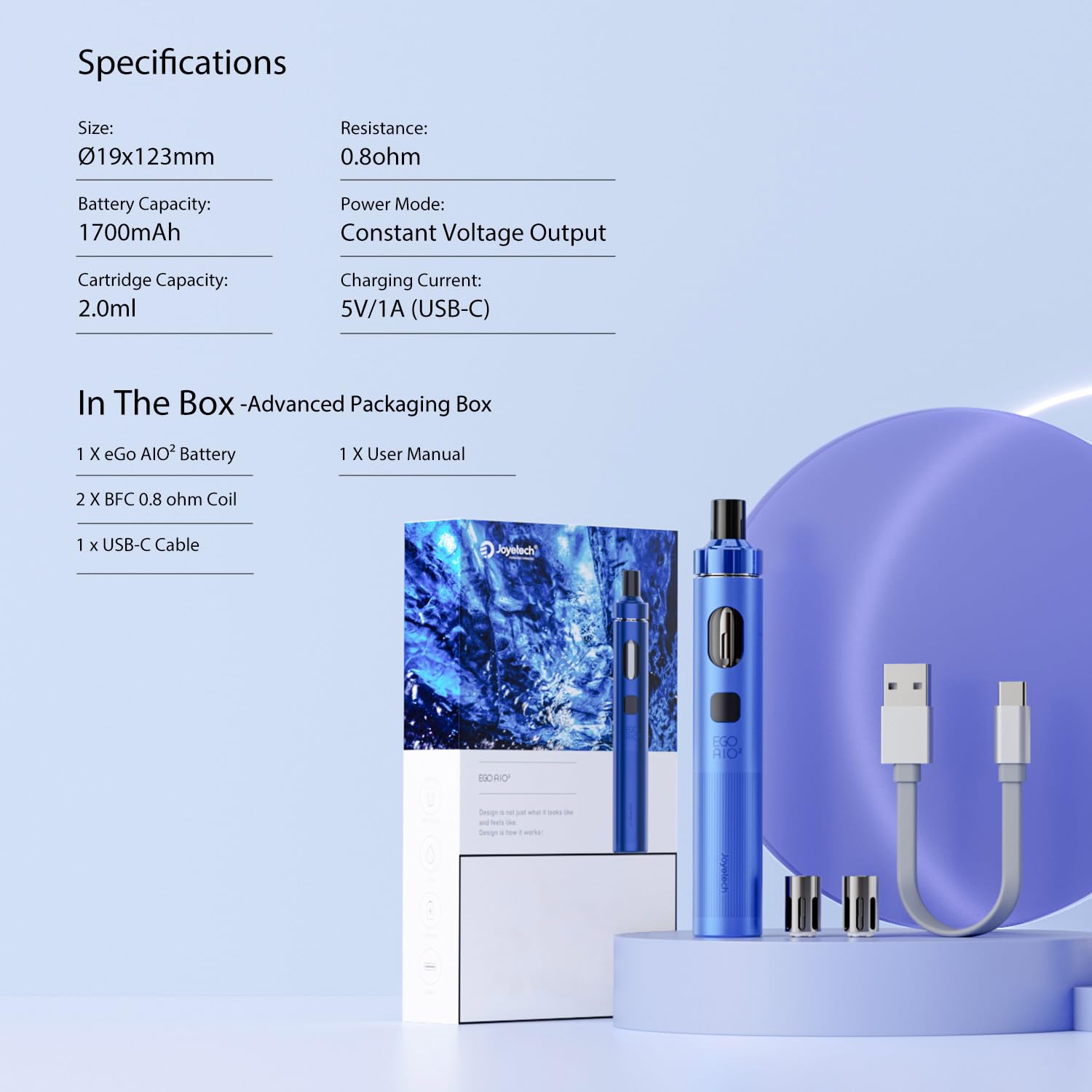 JOYETECH Vape EGO AIO 2 Kit Cigarette lectronique 1700mAh Vapoteur sans  Nicotine sans Tobac Noir : Amazon.fr: High-Tech