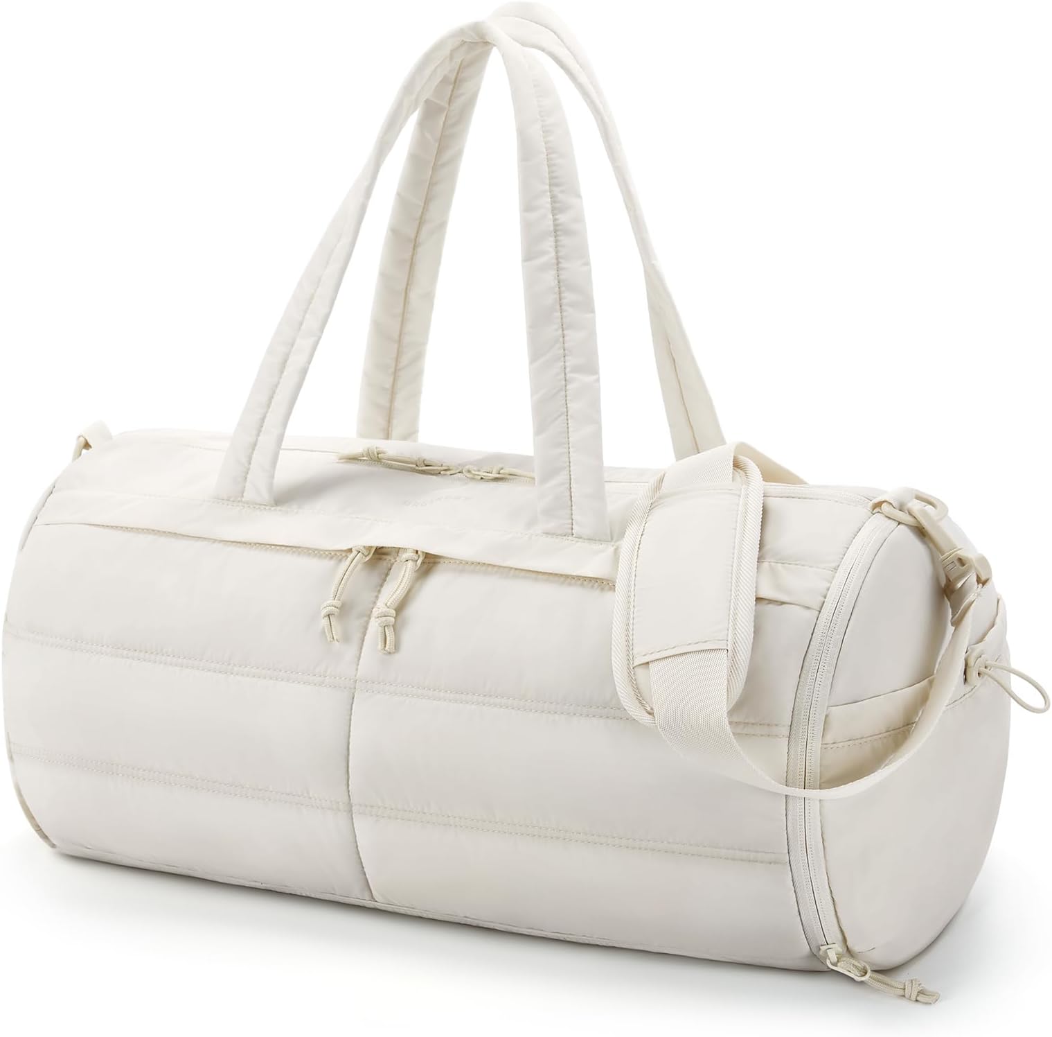 Puffer Gym Bag for Women, Lightweight Duffel Bag with Shoe Compartment, Weekender Bags with Wet Pocket, Workout Overnight Carry on Bag for Travel, Beige