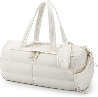 BAGSMART Puffer Gym Bag for Women, Lightweight Duffel Bag with Shoe Compartment, Weekender Bags with Wet Pocket, Workout Overnight Carry on Bag for Travel, Beige