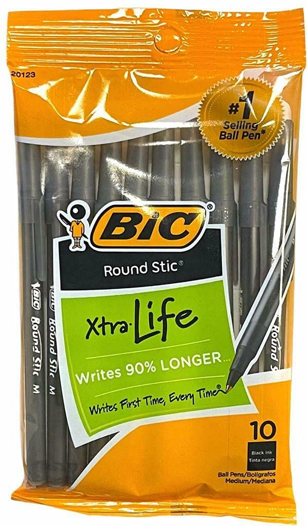 10x BIC ROUND STIC BALLPOINT PENS BLUE/BLACK INK MEDIUM POINT BALL RETAIL PACK (Black)