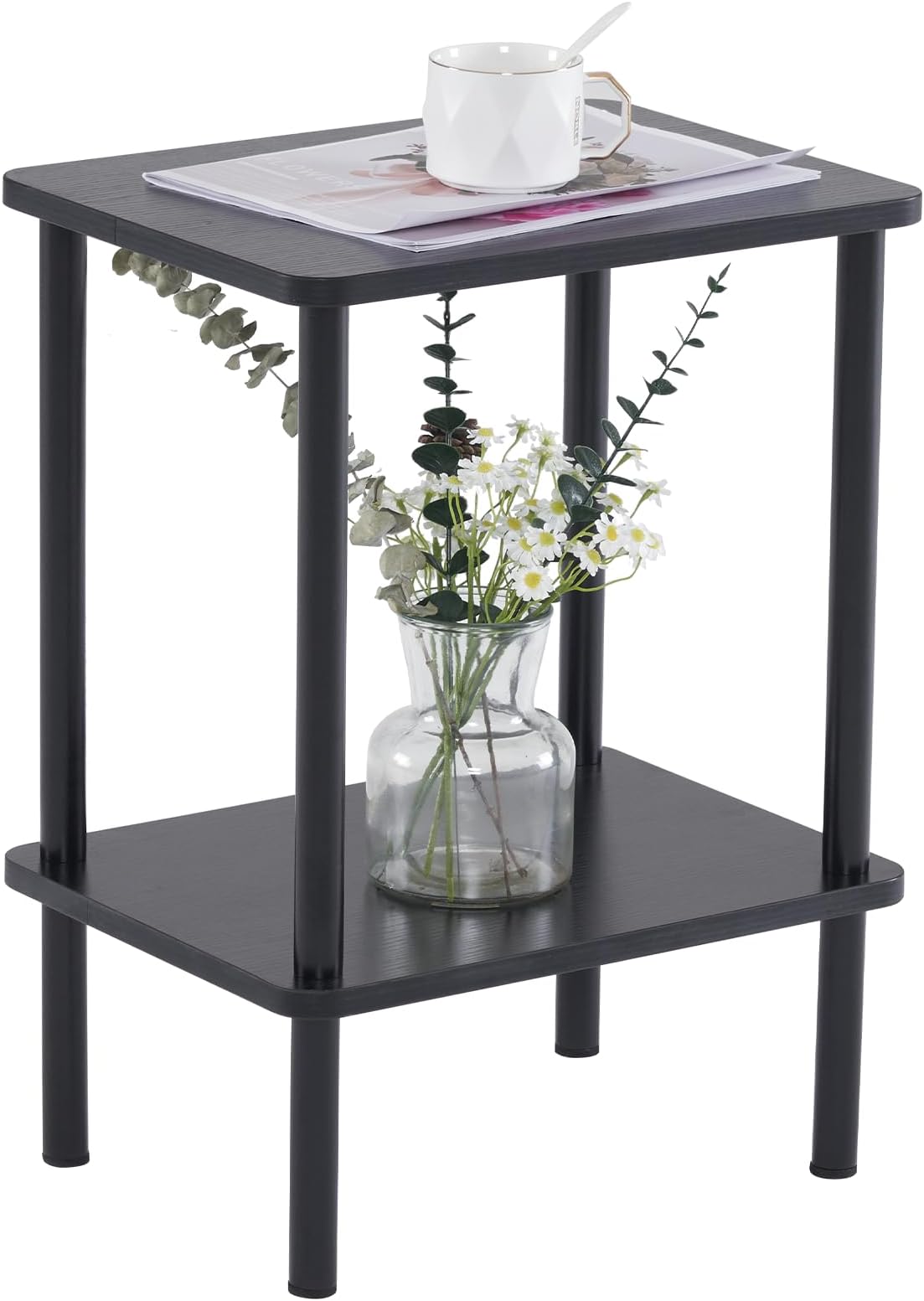 Apicizon 2 Tier End Table, Boho Side Table with Storage Shelf, Nightstand Bedside Table for Small Spaces, Bedroom, Living Room, Entryway, Farmhouse, Easy Assembly,Black