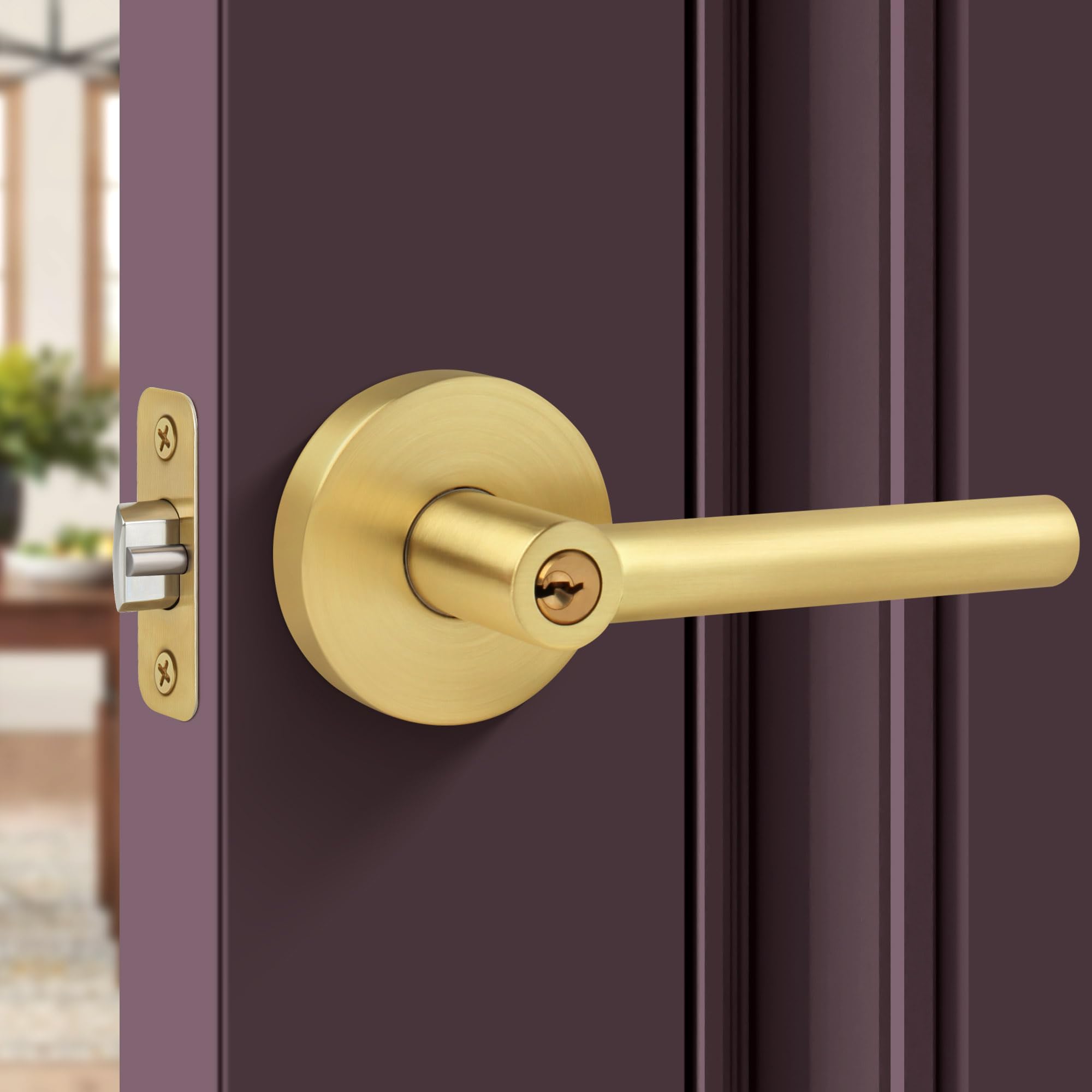 Gaurqiah Entry Door Lock with Keys,Brushed Gold Door Handles, Heavy Duty Door Lever, Round Doors Handle for Exterior/Interior Doors, Reversible Door