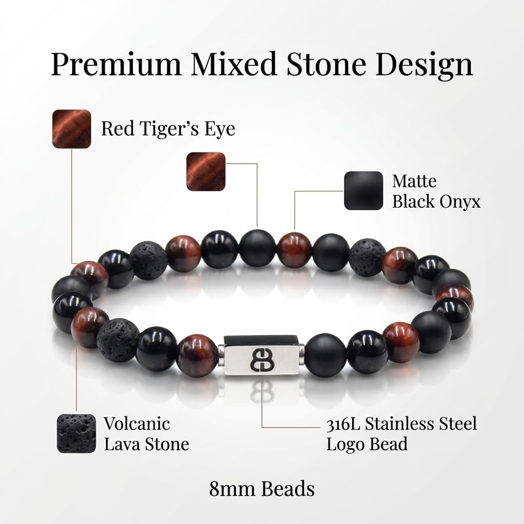 Kartini Studio Bali Beads Mixed Stone Bracelet for Men, Red Tiger's Eye, Lava, and Onyx, Quality Bead Jewelry