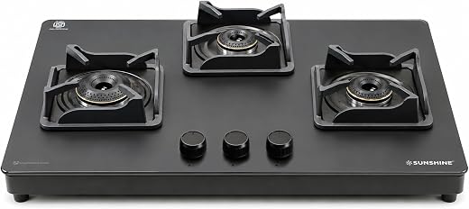 Sunshine Shine Platinum 3 Burner Gas Stove Hob Top | Matte Toughened Glass | 10-Year Glass Warranty | Auto Ignition | No Slab Cutting | 5G Forged…