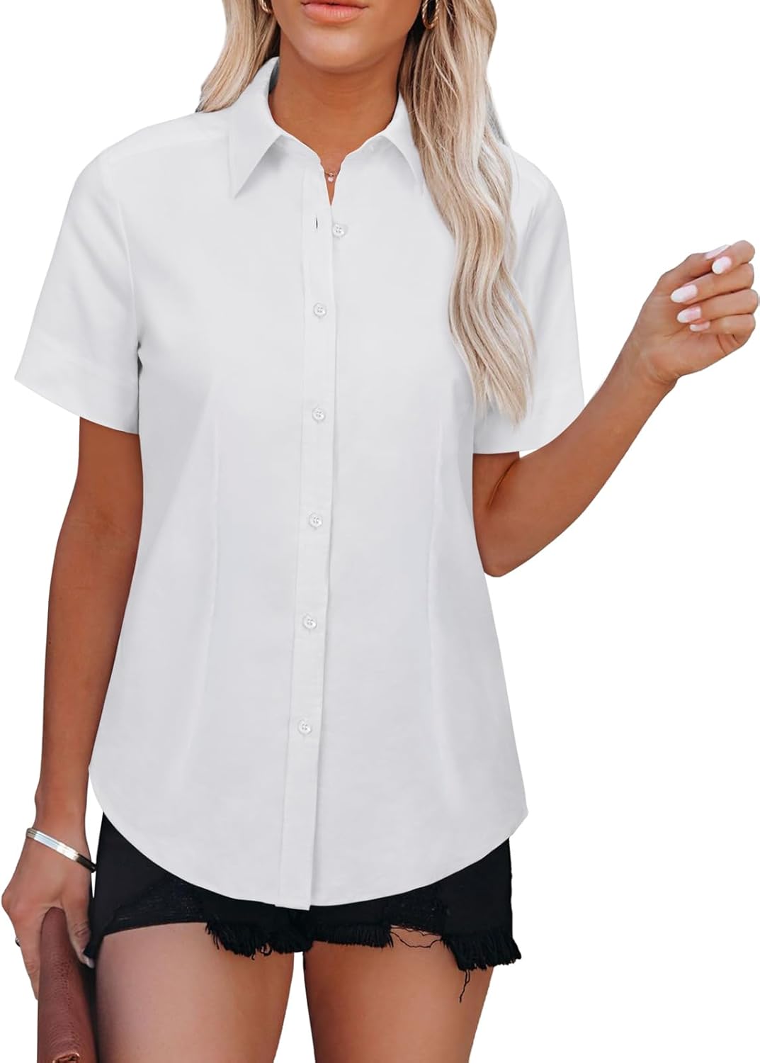 siliteelon Button Down Shirts for Women Short Sleeve Dress Shirt Collared Blouse Wrinkle Free Work Casual Business Top