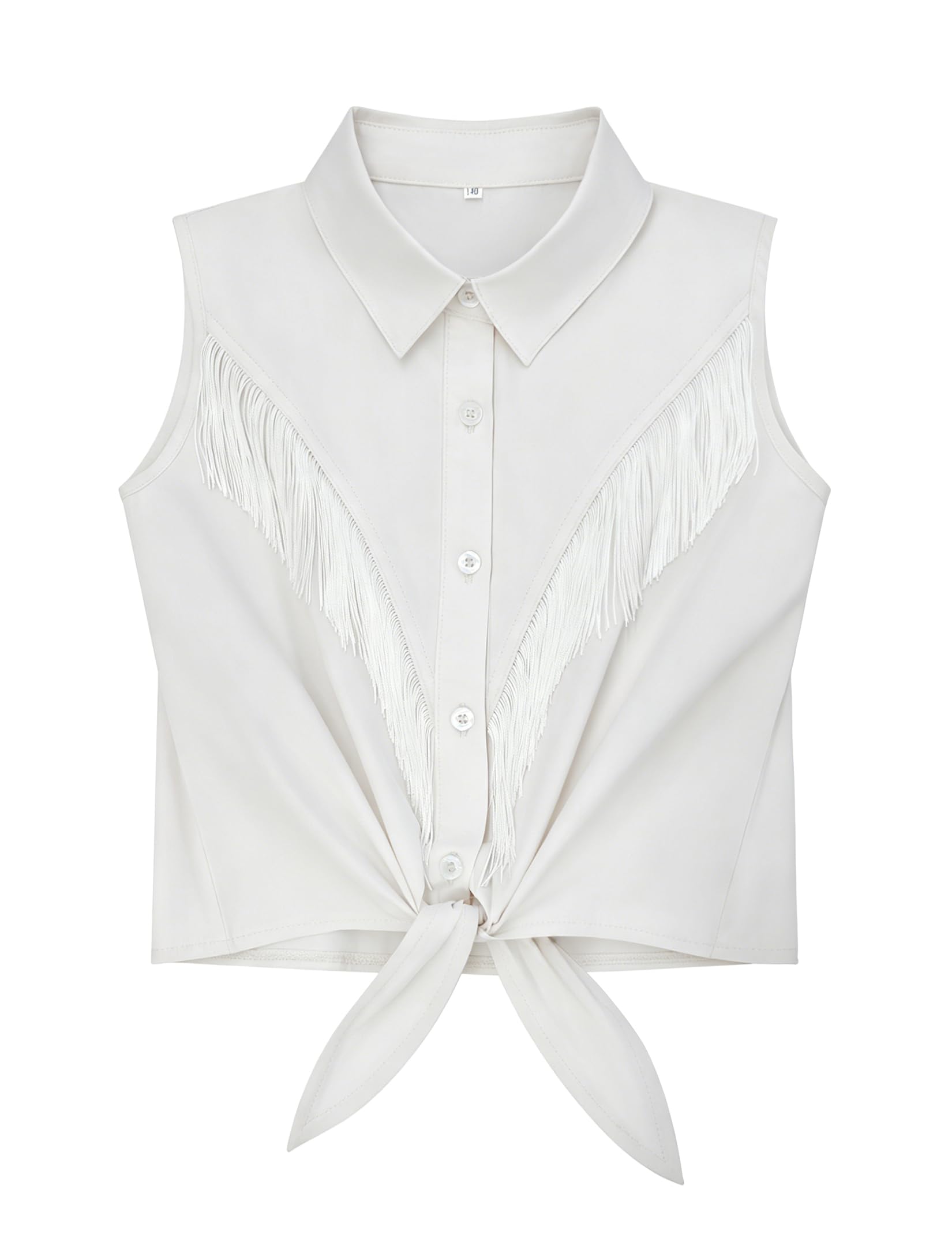 Girls Fringe Shirt Sleeveless Button Down Western Cowgirl Tassel Trim Casual Blouse Shirt Top 4-13Y