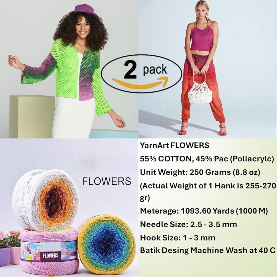 2 Skein Yarn Art Flowers Yarn 55% Cotton 45% Acrylic 250gr 1094yds Multicolor Cotton Yarn Rainbow Crochet Yarn Spring Summer Fine 1 Top 7 Most Used Colors (Flowers, 273)