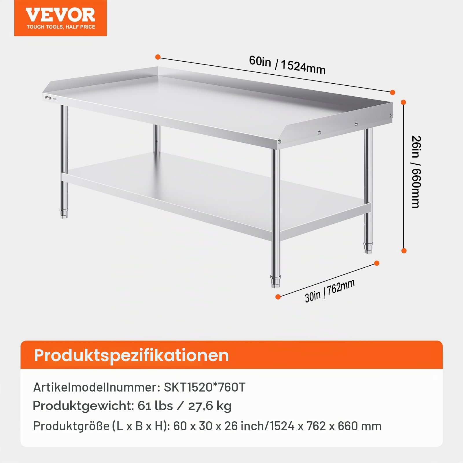 VEVOR Arbeitstisch Edelstahl, gewerblicher Arbeitstisch zur Lebensmittelzubereitung, 3-seitiger Spritzschutz, Arbeitstisch mit Einstellbarer Höhe (762 x 1524 x 660 mm)