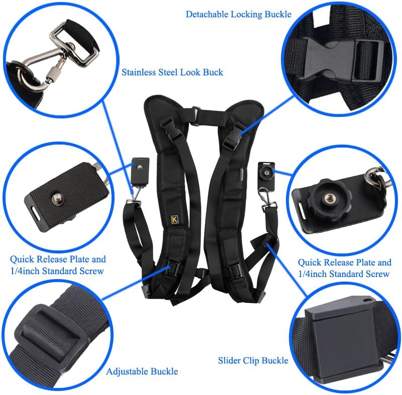 Dual Shoulder Camera Strap Harness Quick Release Adjustable Double Camera Tether Strap Belt With 1/4 inch Screw for DSLR SLR Camera - Image 4