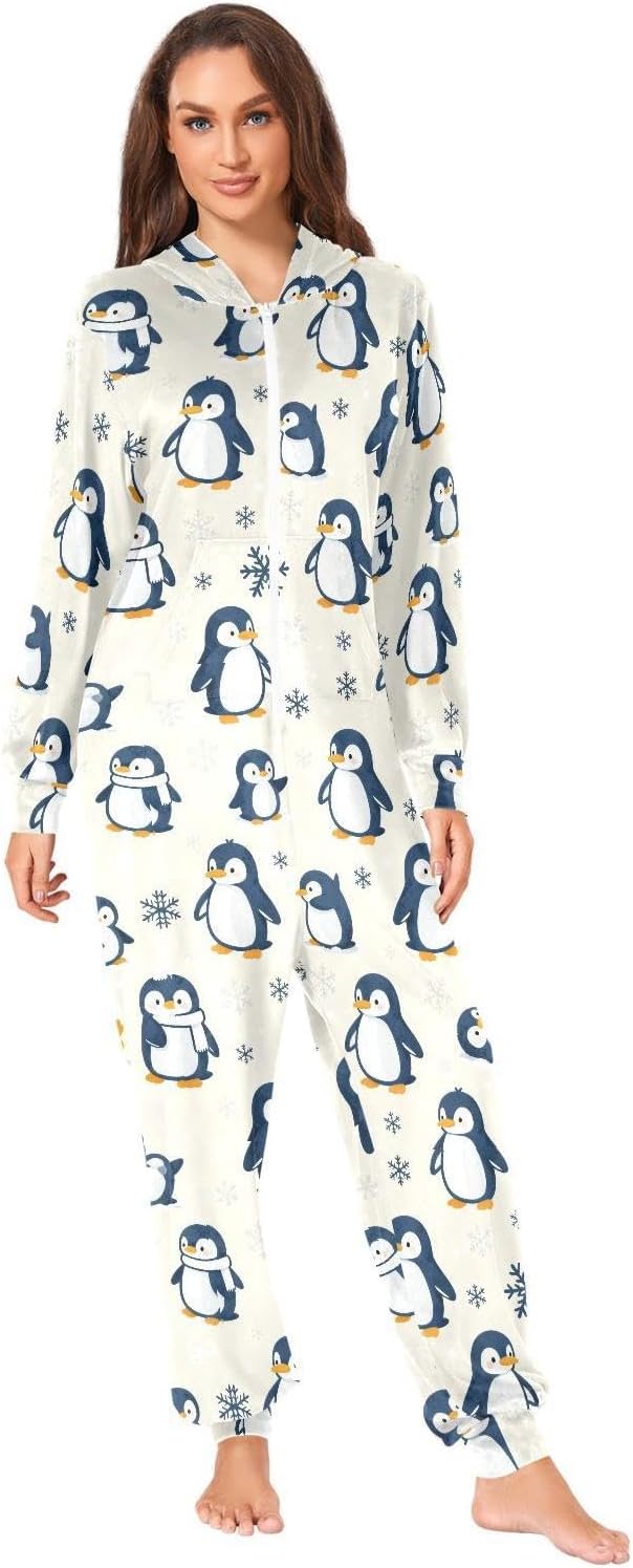 ZZKKO Cute Penguins and Snowflakes Adult Onesie Pajamas for Women Men Cozy One Piece Pajamas Costume Zip-Up Hooded S-XL