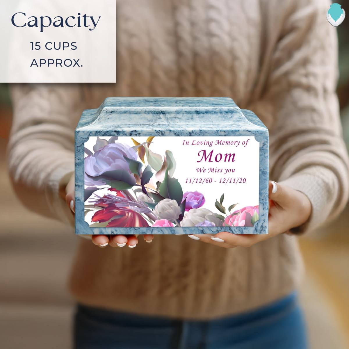GetUrns Cultured Marble Urn Vault by Mackenzie with Personalized Modern Flowers and Text for Human Ashes I Sky Blue Adult Urns for Male and Female I 210lbs