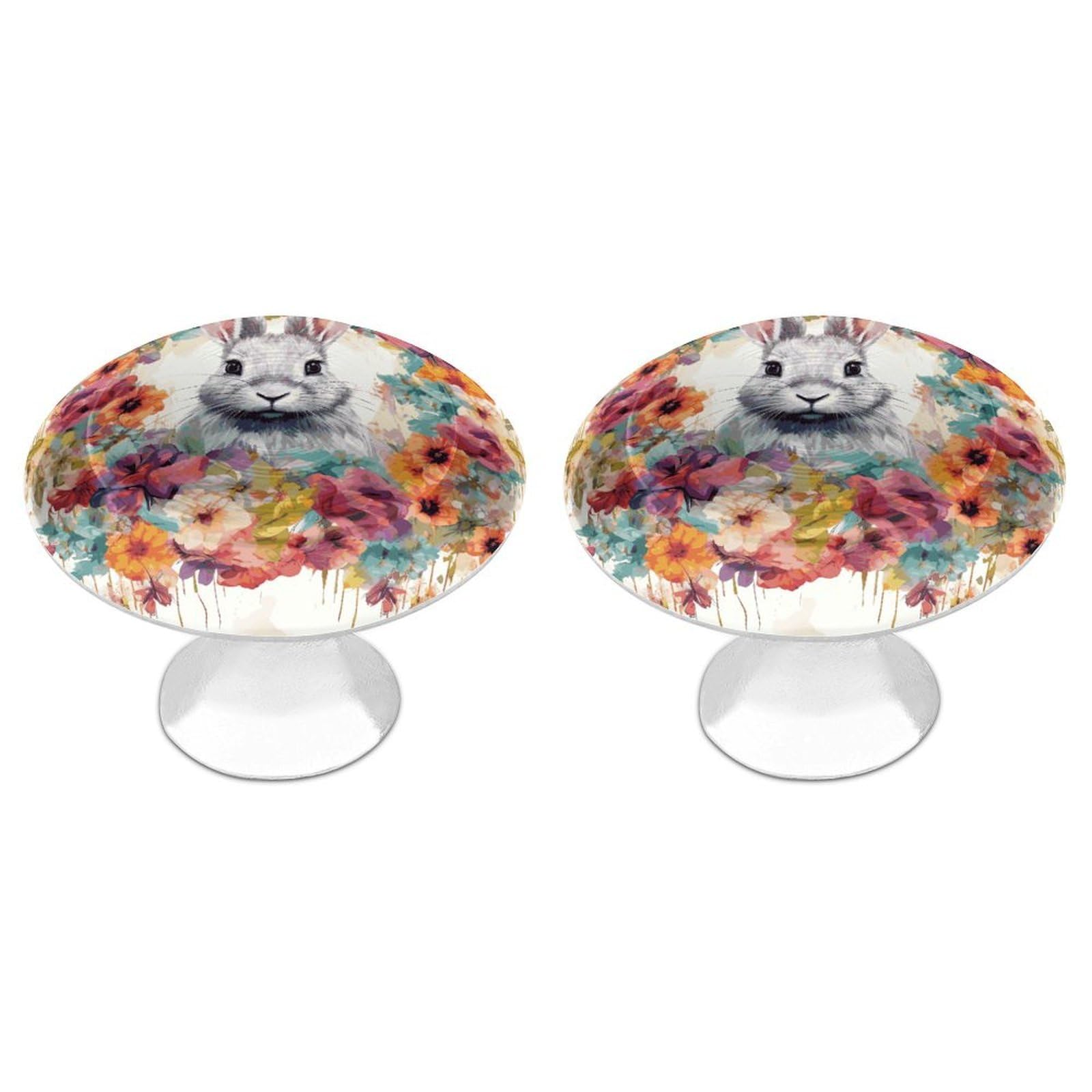 DWVTSLH Watercolor Rabbit and Flowers Cabinet Handles 2 Pack Stainless Steel Kitchen Drawer Pulls with Installation Screws Round Dresser Drawer Knobs 1.1 Inch Modern Cabinet Hardware Door Handles